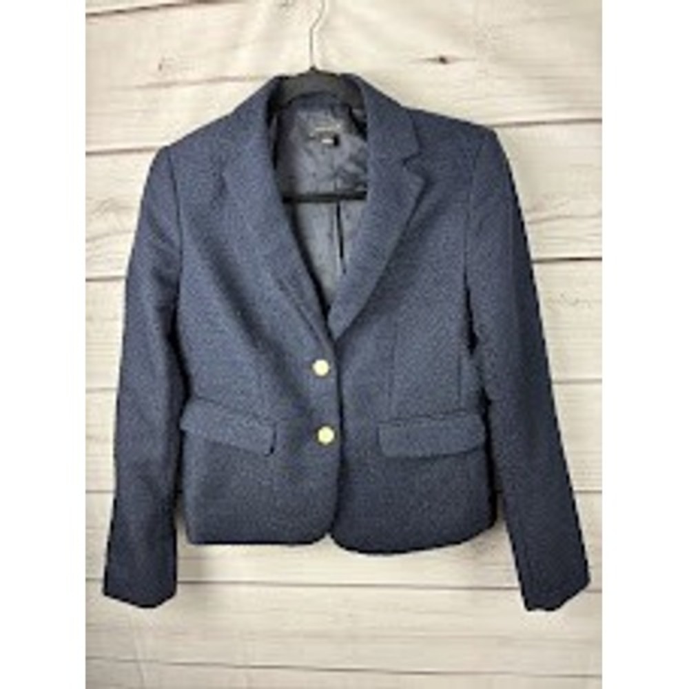Ann Taylor Navy Blue Textured Blazer Gold Button Polka Dot Lining Size 6